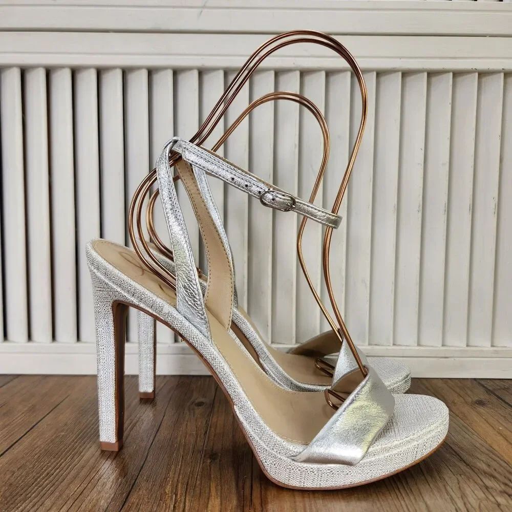 Sam Edelman Jade Stiletto Heels Womens Size 7.5 Silver Leather Ankle Strap Shoes
